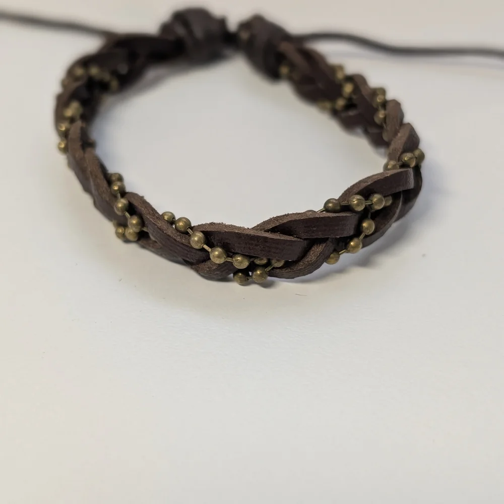 Braided Leather Bracelet with Brass Accents